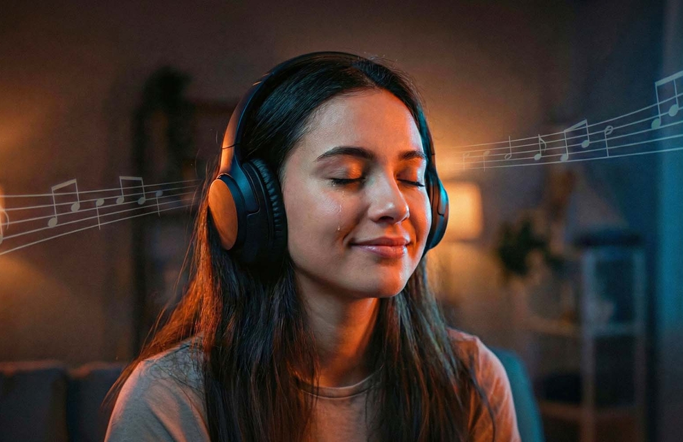 Девушка с улыбкой слушает музыку в наушниках - эмоциональная реакция на персональную песню в подарок