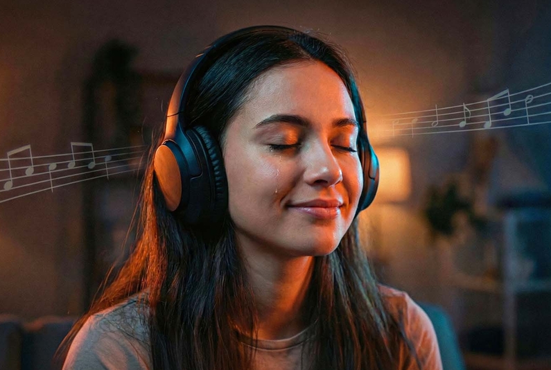 Девушка с улыбкой слушает музыку в наушниках - эмоциональная реакция на персональную песню в подарок