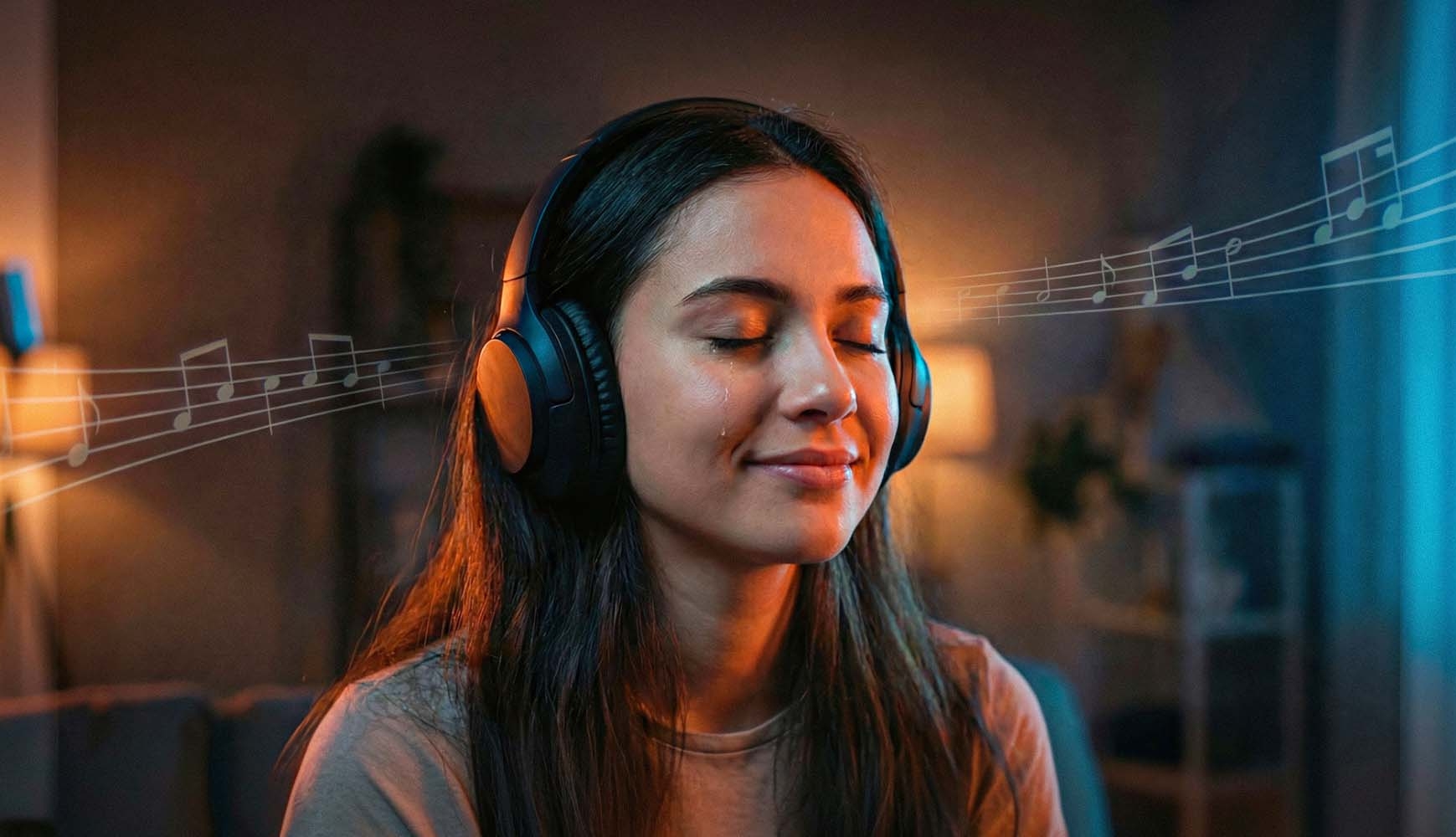 Девушка с улыбкой слушает музыку в наушниках - эмоциональная реакция на персональную песню в подарок