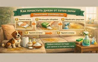 Собака на диване и средства для чистки пятна