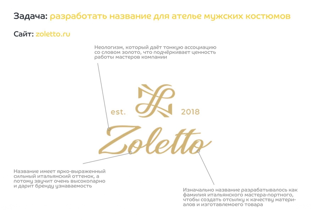 Пример нейминга и лого Zoletto