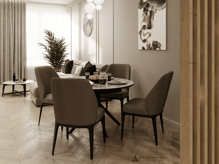 Интерьер современной кухни-гостиной в ЖК Столичный