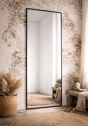 Настенное зеркало в тонкой металлической раме на стене из белого кирпича