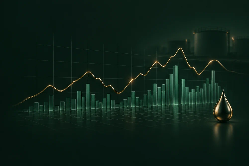 Декоративный биржевой график в нефритово-золотых тонах с нефтяной каплей