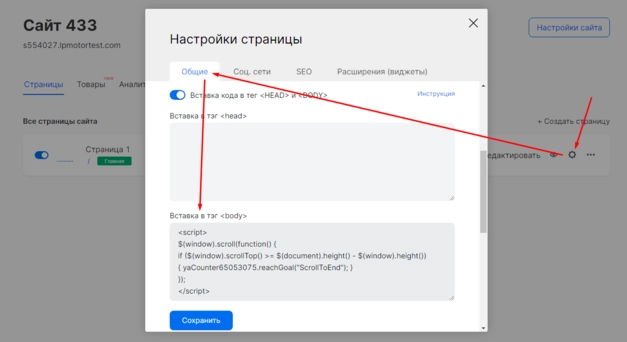 Пример вставки кода цели в настройках страницы в интерфейсе mottor