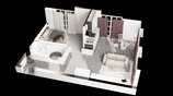 3D планировка интерьера в разрезе, демонстрирующая распределение пространства и функциональные зоны