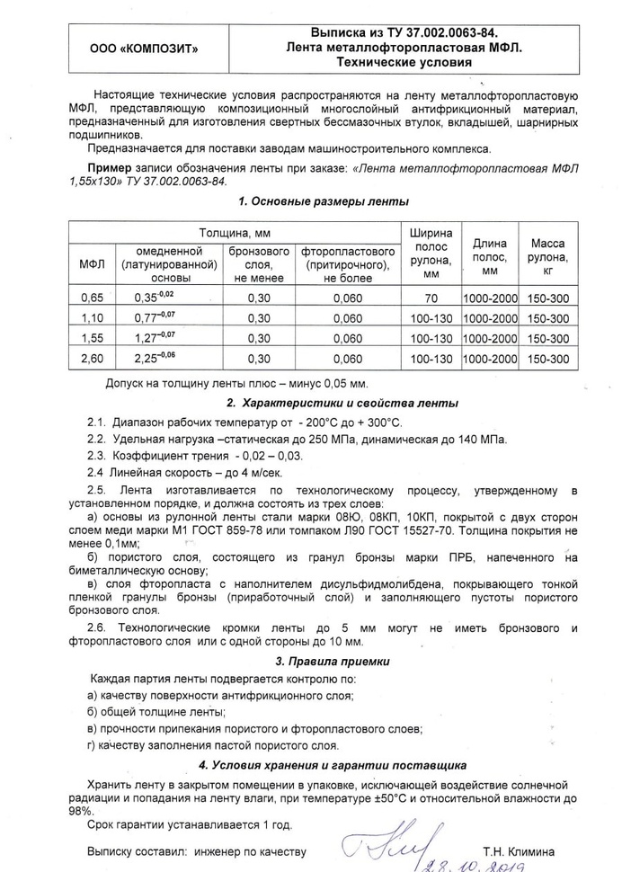 Выписка из ТУ 37.002.0063-84.