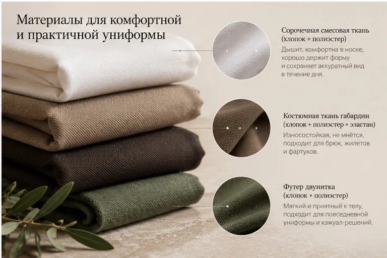 Образцы тканей для униформы: сорочечная смесовая ткань, габардин и футер двухнитка