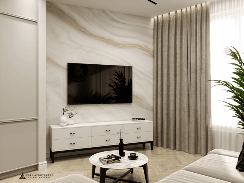 Фреска под камень в гостиной в ЖК Столичный