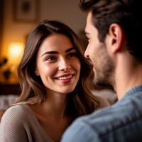 на фото девушка смотрит на мужчину с загадочной улыбкой, заигрывая с блеском в глазах