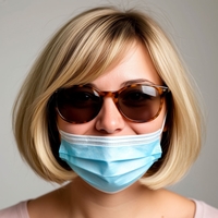 На картинке изображена девушка в солнцезащитных очках и медицинской маске