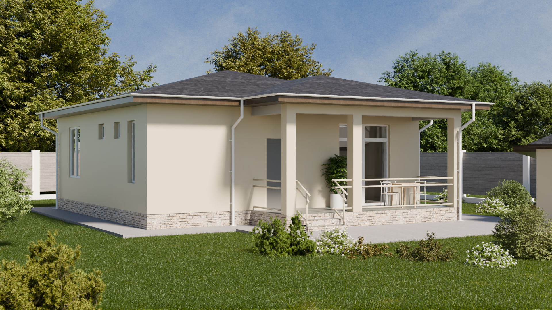 Визуализация одноэтажный современный дом сбоку