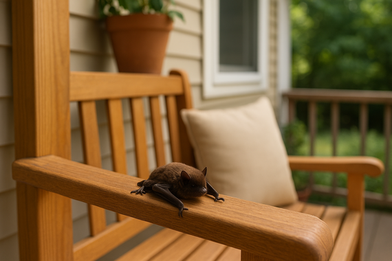 Летучая мышь на лавочке на веранде