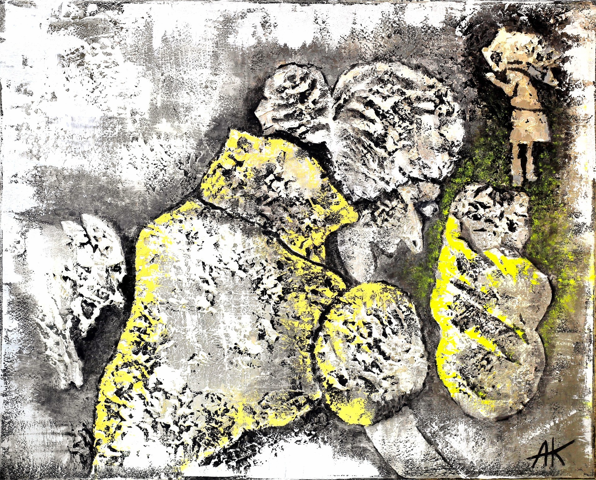 Symbolic oil painting titled "Foundling" showing a woman discovering a child among predators, metaphor of human fragility and moral choice