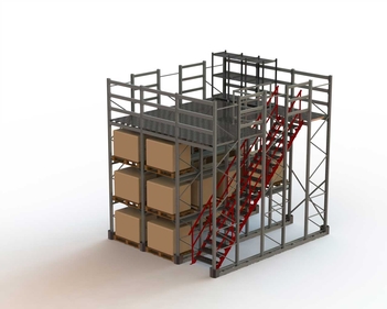 Стеллаж мезонин на базе паллетных (фронтальных) стеллажей для фронтального, глубинного хранения грузов на нижних уровнях