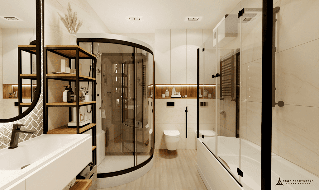 Интерьер ванной комнаты с душем в ЖК Вишневый Сад