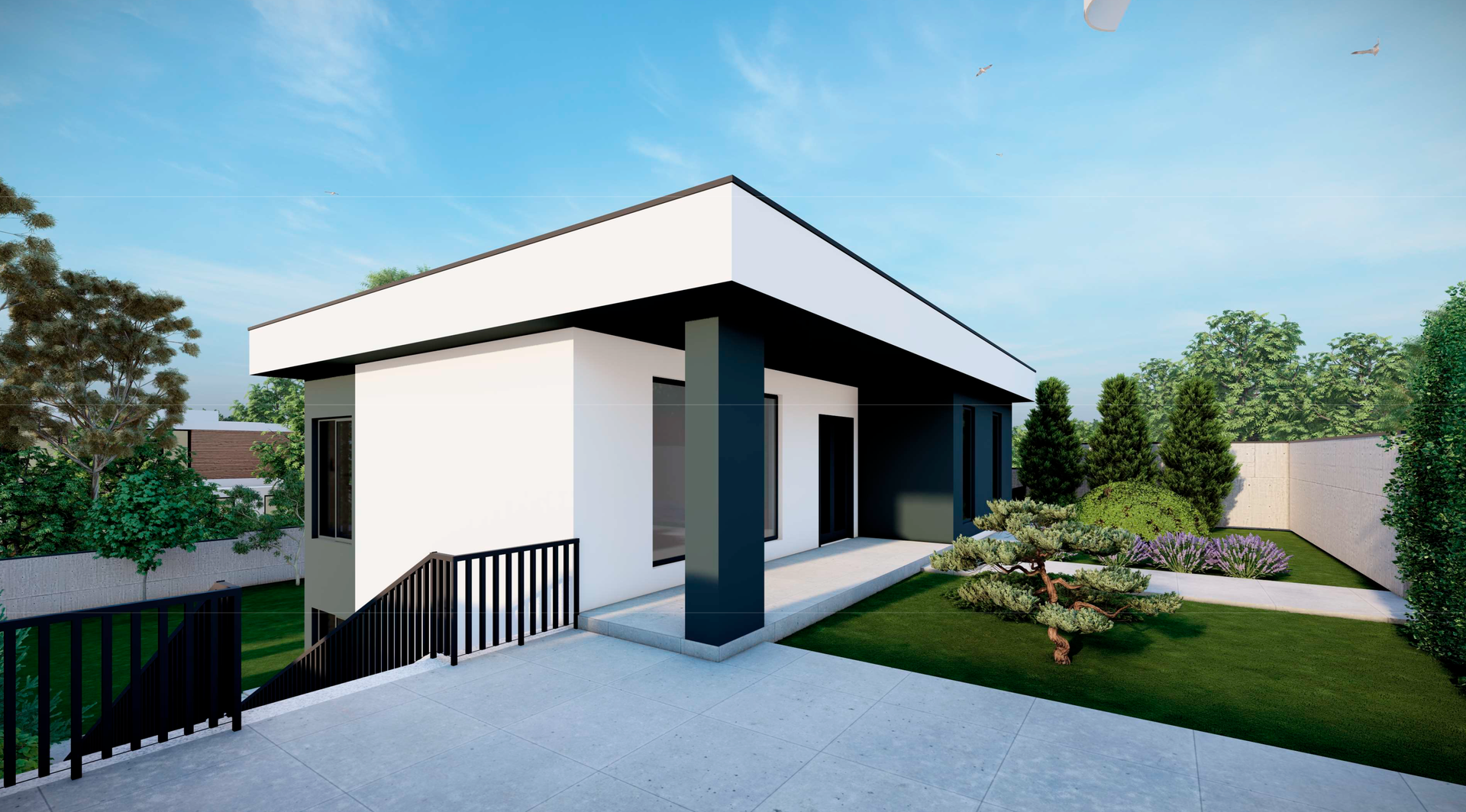 Визуализация большого дома с панорамным остеклением и кирпичной крышей