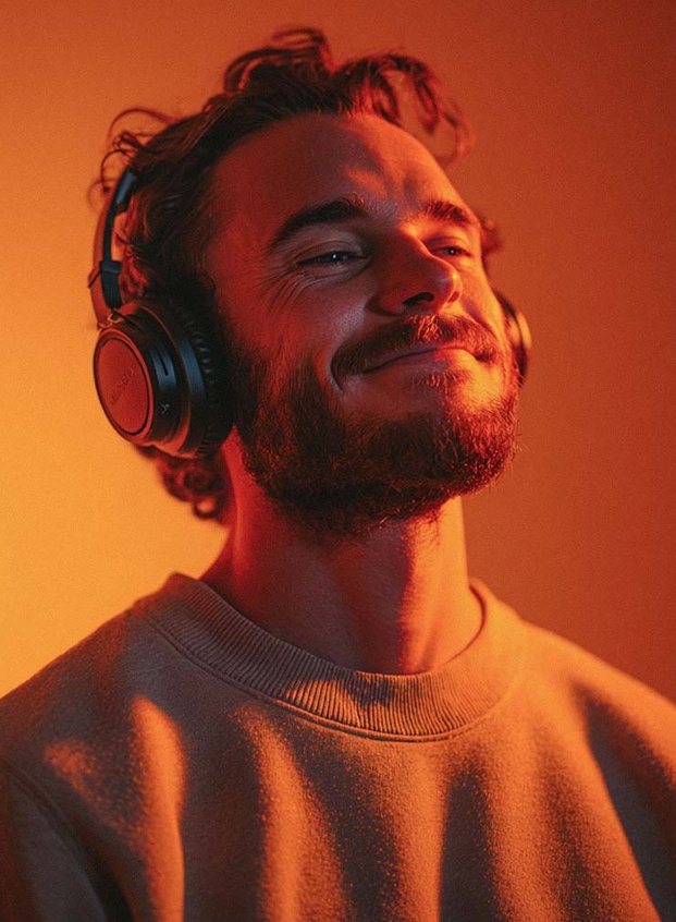 Довольный муж в наушниках слушает свой персональный музыкальный хит - оригинальный сюрприз