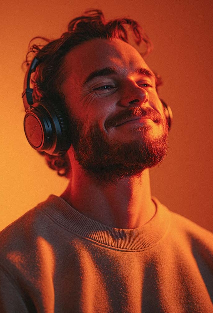 Довольный муж в наушниках слушает свой персональный музыкальный хит - оригинальный сюрприз