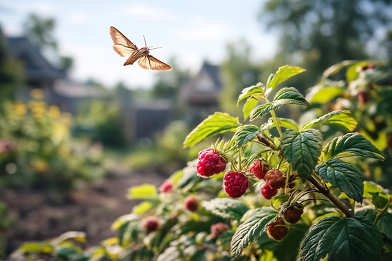 Огневка над кустом малины