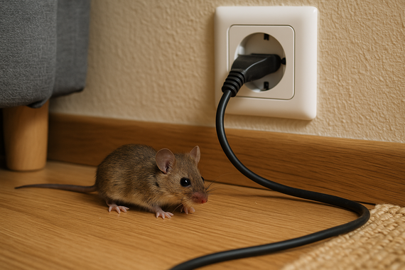 Мышь возле розетки и провода