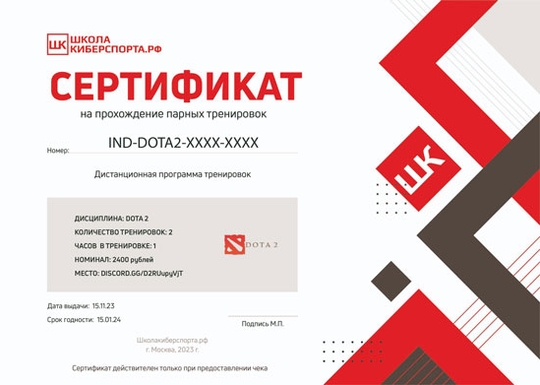 Пример подарочного сертификата на индивидуальные, групповые и парные киберспортивные занятия