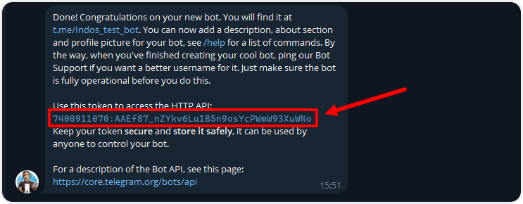 Скопировать API-токен чат-бота для создания Mini App