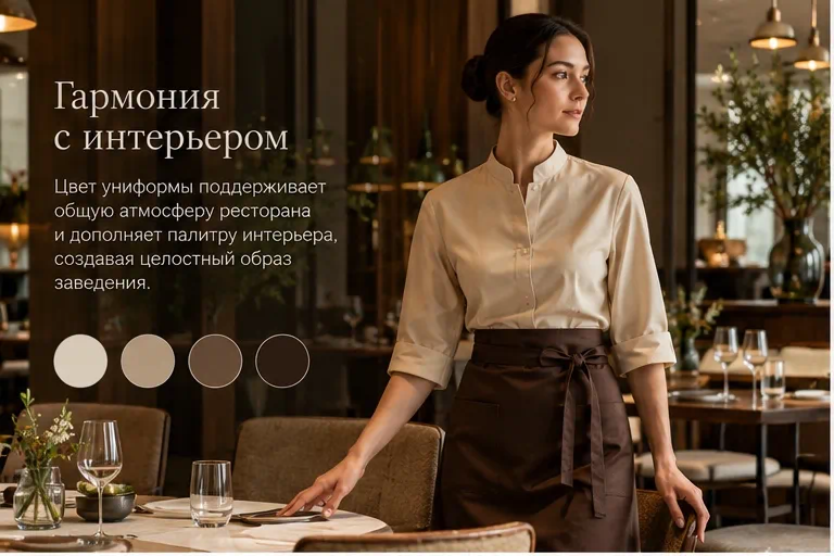 Официантка в молочной рубашке и шоколадном фартуке в ресторане с тёплым интерьером
