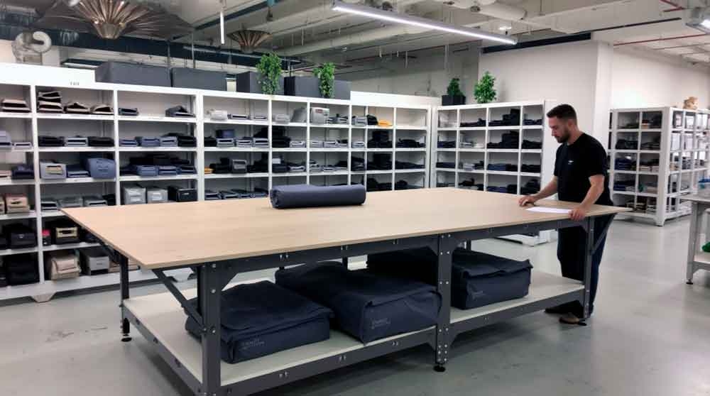 Длинный раскройный стол Кутюрье в большом швейном цеху — мастер работает с тканью