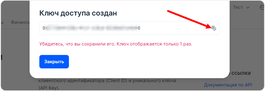 Скопировать сгенерированный API-ключ в Ozon