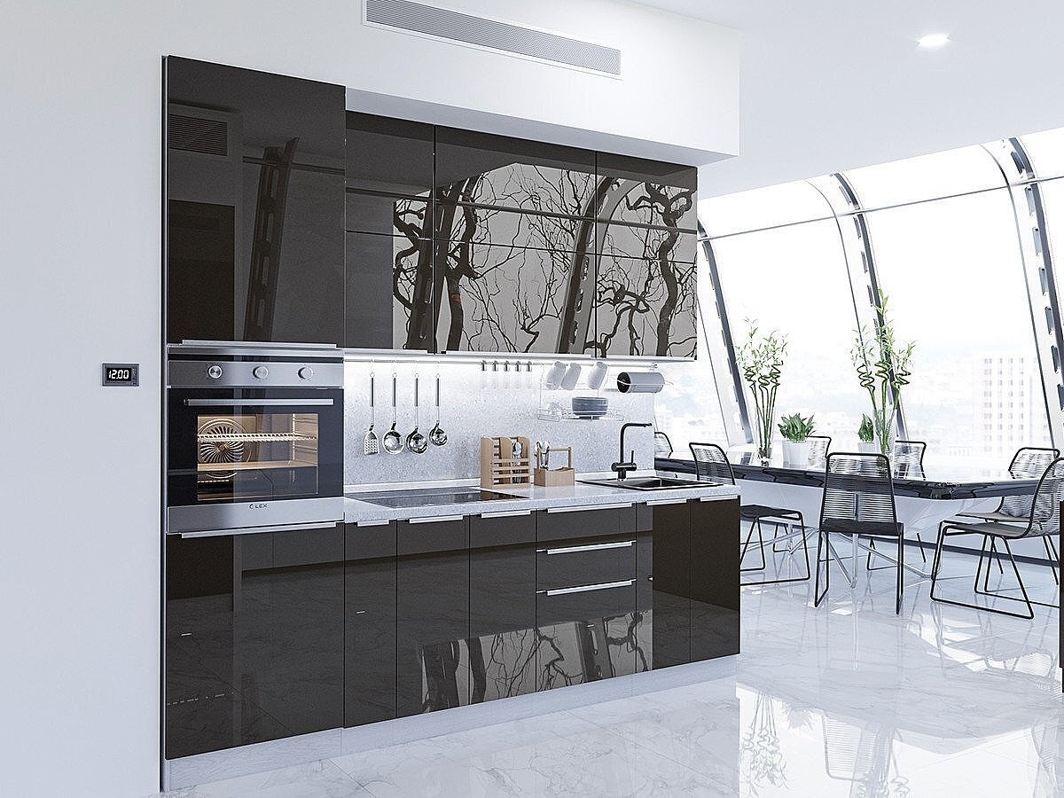 Кухня имеет глянцевые фасады покрыты светостойкой эмалью