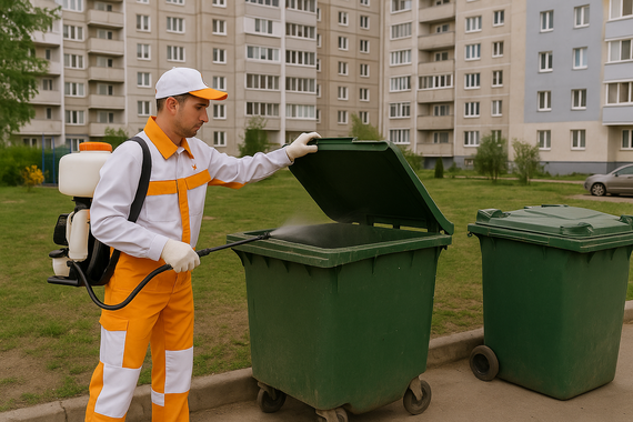 Дезинфекция мусорных контейнеров во дворе многоэтажки