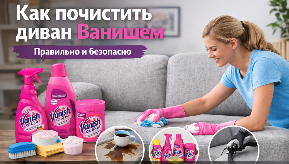 Собака на диване и средства для чистки пятна
