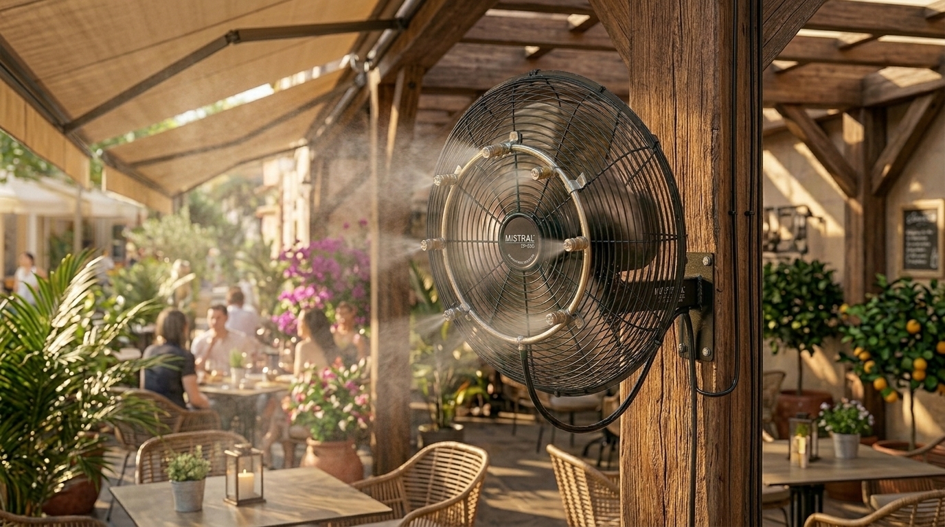 вентилятор с системой холодного тумана для охлаждения летней площадки кафе