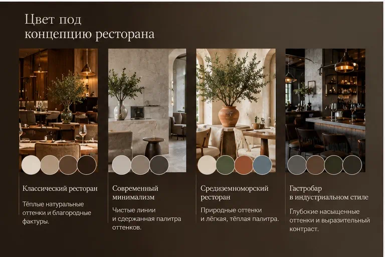 Четыре интерьера ресторанов с цветовыми палитрами: классика, минимализм, средиземноморский стиль и индустриальный гастробар