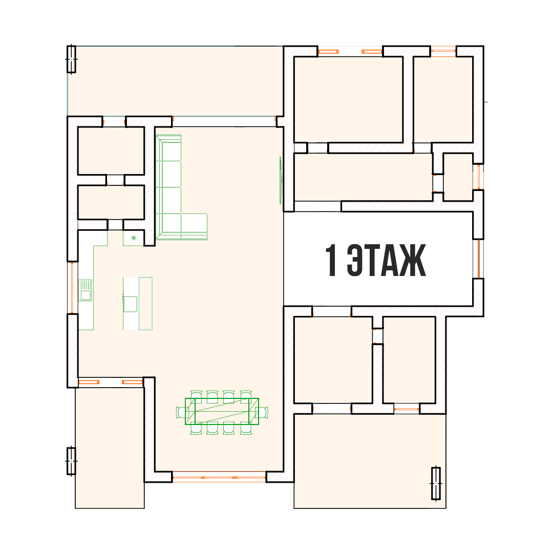 Схема планировки большого дома со спальнями, кухней-гостиной и санузлами