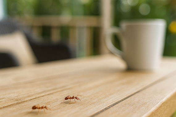 Муравьи на столе на веранде