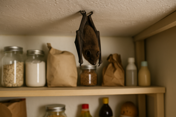 Летучая мышь висит в кладовке на потолке