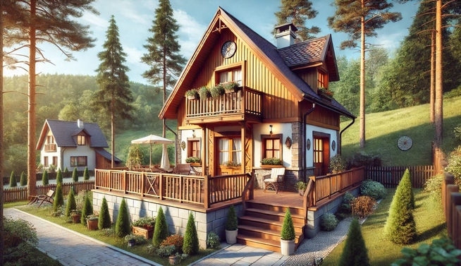 Дачный дом каркасно-щитовой конструкции с облицовкой фасада