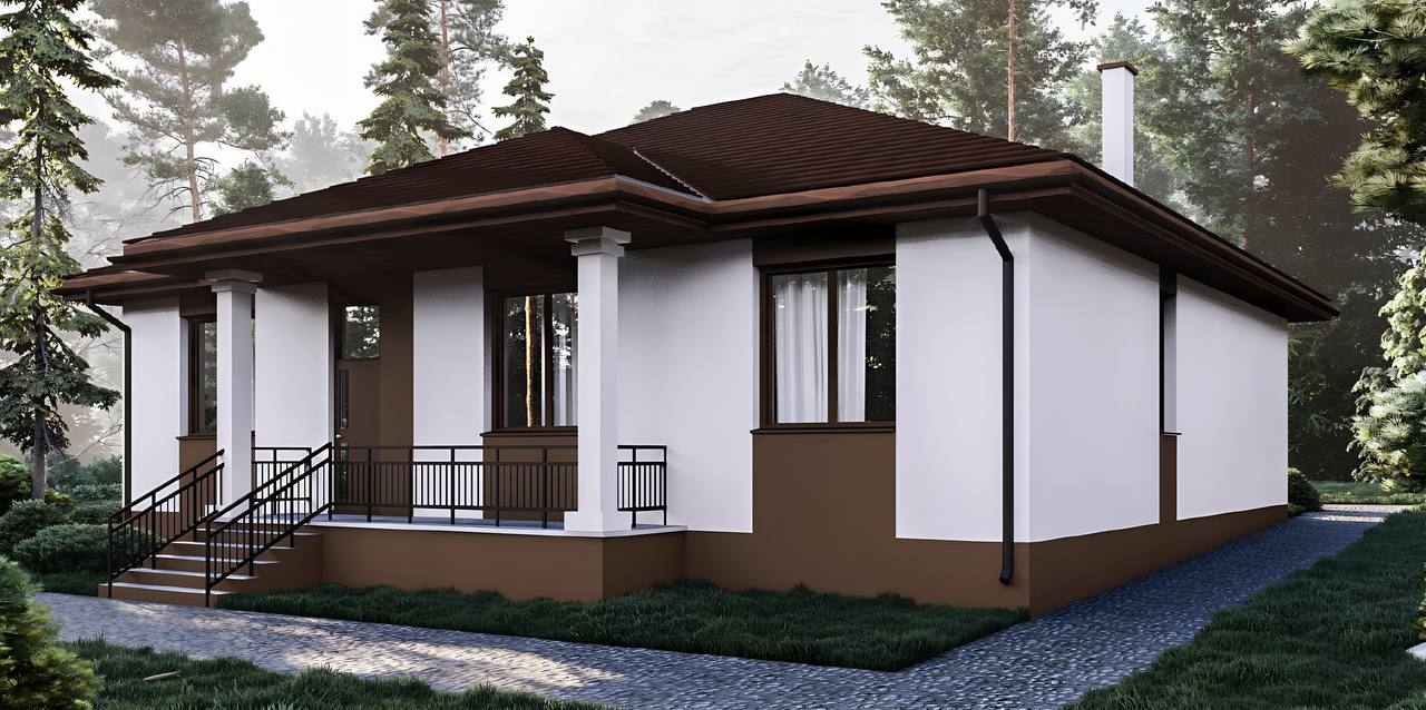 Фото двухэтажного дома с контрастной отделкой, лестницей и балконом