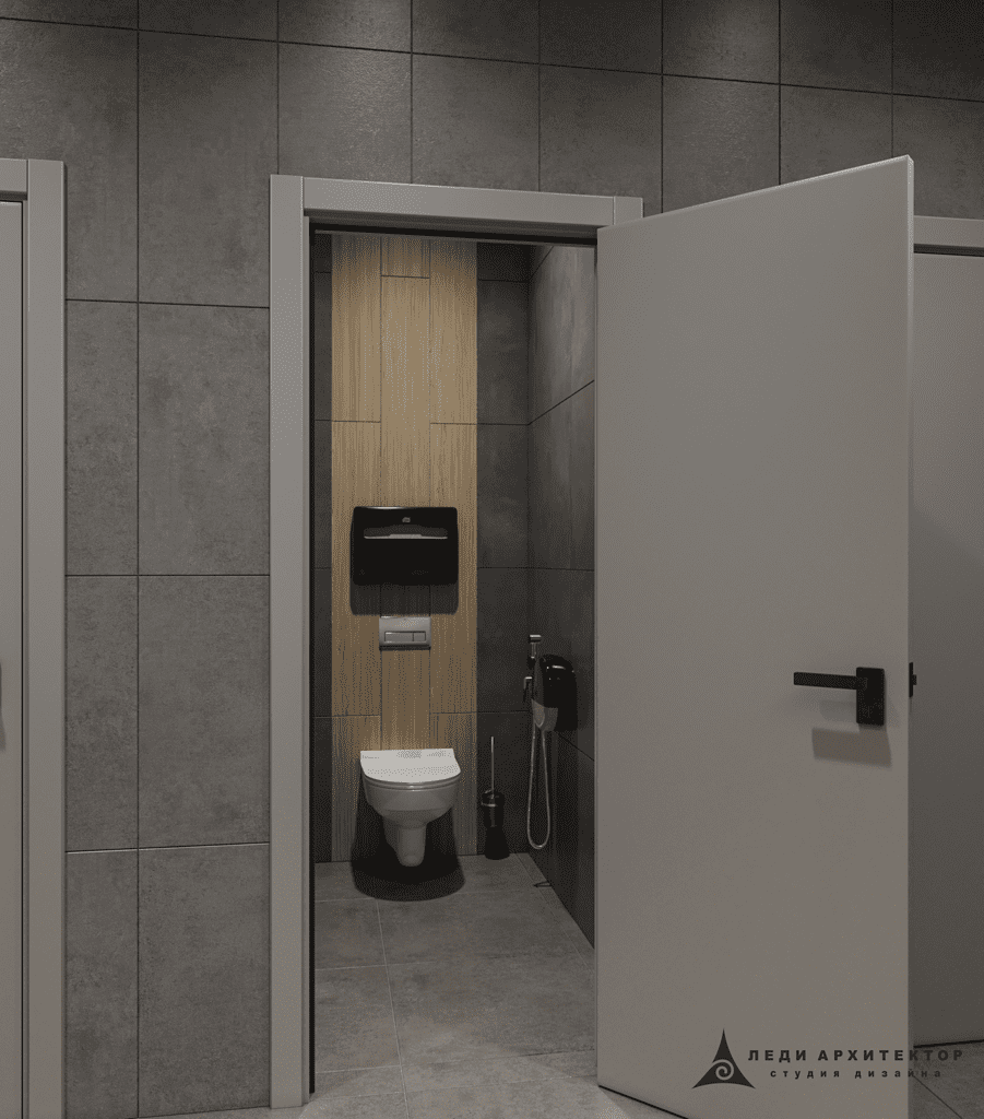 Современный санузел для клиентов в офисе Совкомбанка