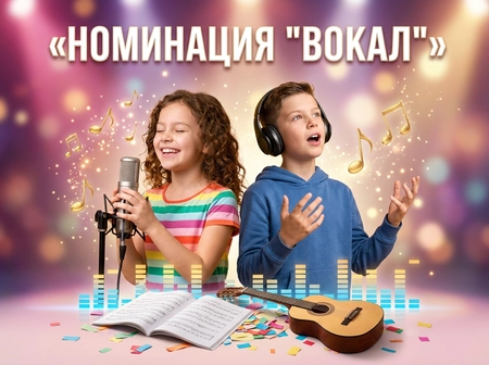 "Номинация «Вокал»: дети поют, перед ними на столе ноты и гитара"
