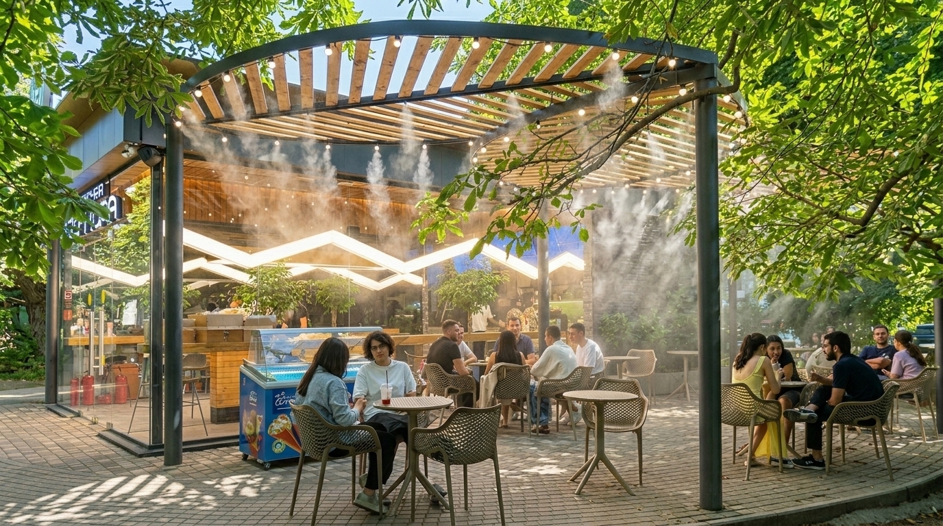 система холодного тумана для охлаждения летней площадки кафе