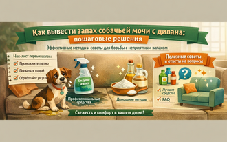 Собака на диване и средства для чистки пятна