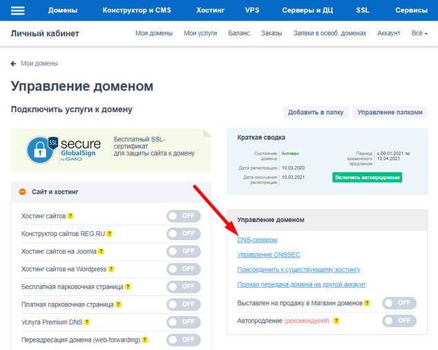 Настройка dns-серверов reg.ru
