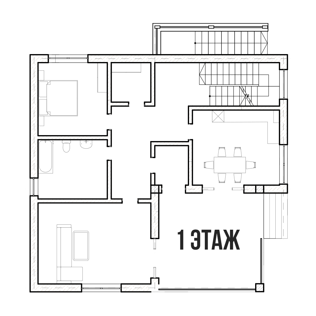 Схема планировки большого дома со спальнями, кухней-гостиной и санузлами