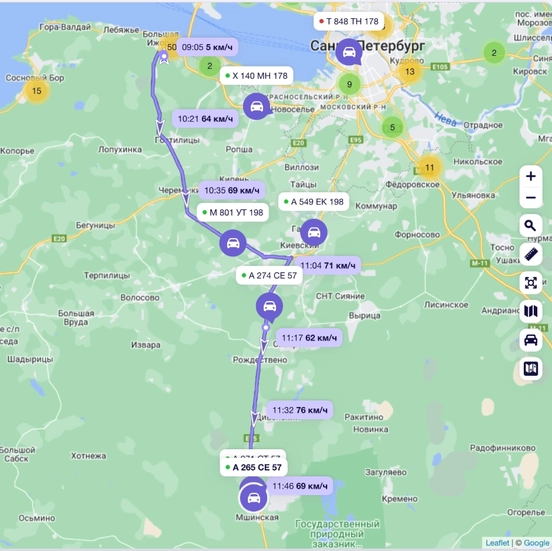 Маршрут и трек транспорта на карте в системе Скаут