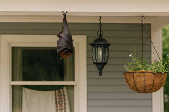 Летучая мышь висит на крыльце дома