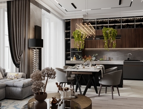 Кухня-гостиная в стиле современная эклектика, спроектированная вокруг купленного дивана