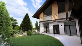 Сад с сочными зелеными растениями и интересными архитектурными формами